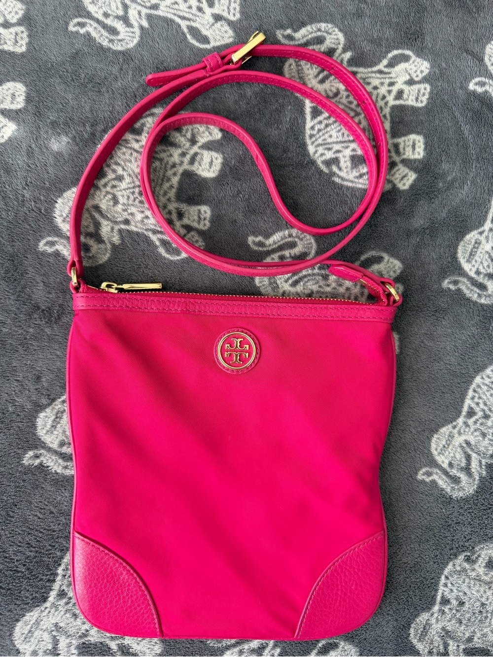Tory Burch Hot Pink Nylon & Leather Flat Crossbody Bag
